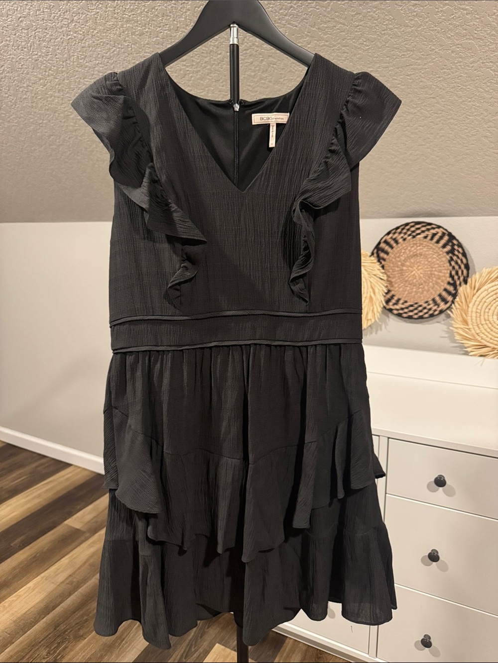 BCBGeneration Black Ruffle Tiered V-Neck Dress